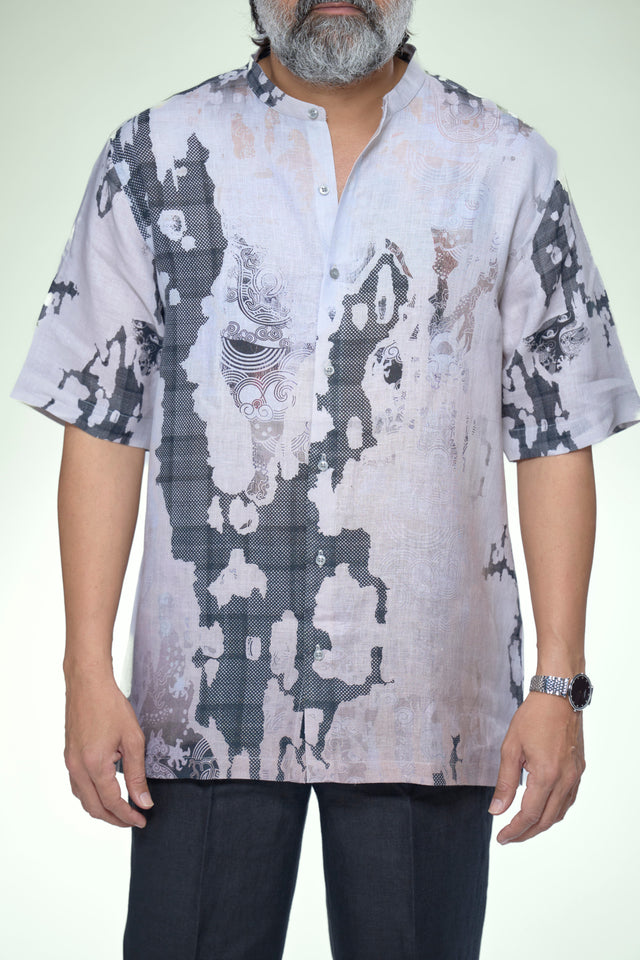 Monochrome Mosaic Abstract Pure Linen Short Sleeve Shirt – AddysForMen®️