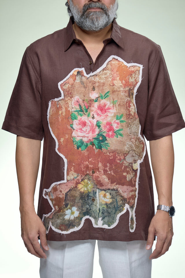 Artistic Floral Patch Pure Linen Designer Short Sleeve Shirt - AddysForMen®