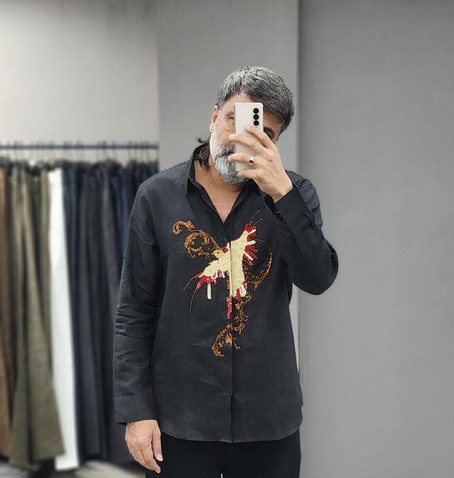 Black Pure Linen Long Sleeve Shirt with Hand-Embroidered Sequin Bird Motif