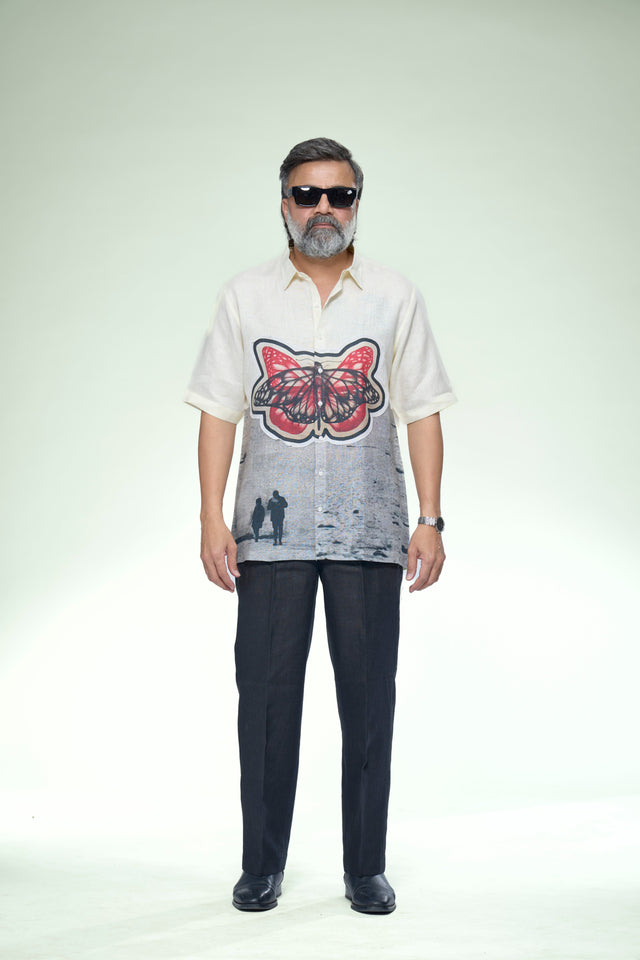 Artisan Monarch Digital Print Patchwork Pure Linen Designer Short Sleeve Shirt - AddysForMen®