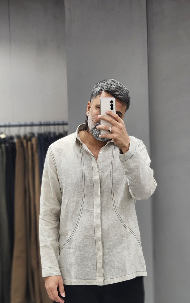 Beige Contrast Topstitch Linen Long-Sleeve Shirt