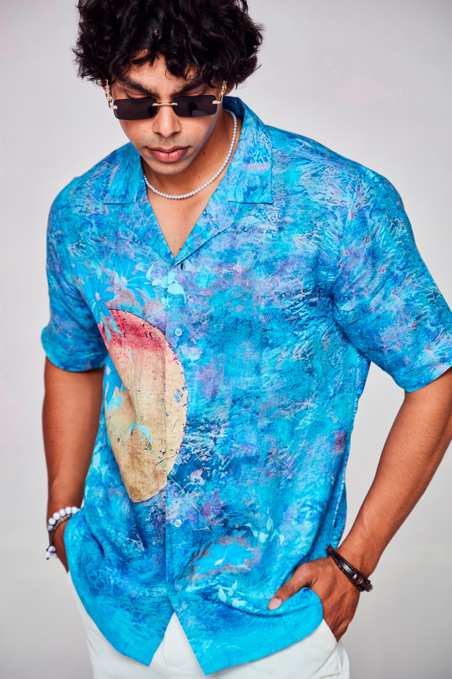 Golden Solace Printed Pure Linen Cuban Coller Shirt