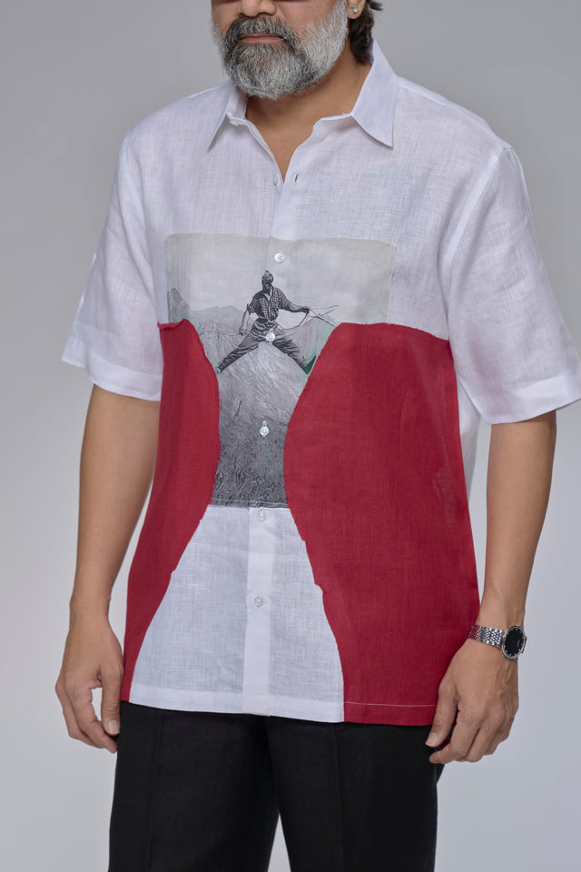 Red Horizon : Digital Print Patchwork Pure Linen Designer Short Sleeve Shirt - AddysForMen®