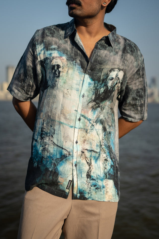 Faded Faces Pure Satin Linen Short Sleeve Shirt