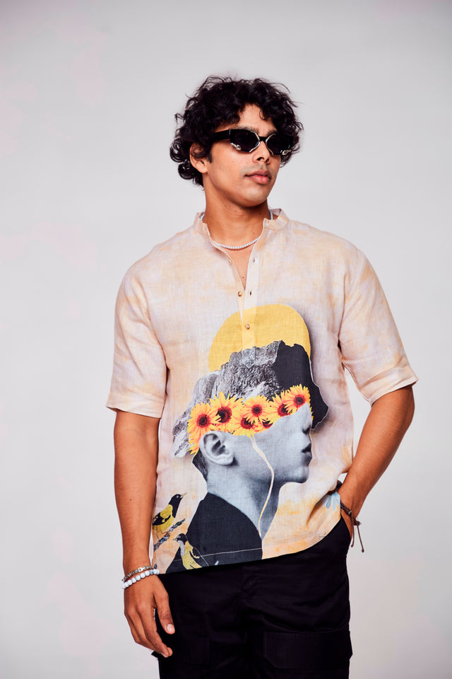 Infinite Embrace Printed Shirt : Depths of Self Expression through Faces - Pure Linen Short Sleeve Kurta