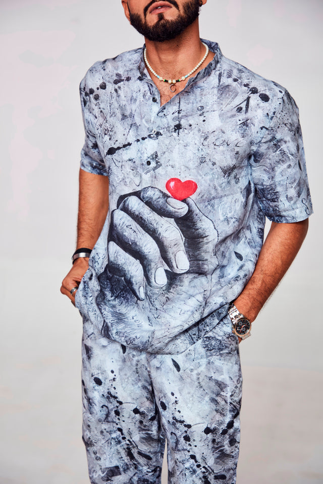 Embracing Love : Symbolic Connection Between Hearts and Humanity - Pure Linen Short Sleeve Kurta