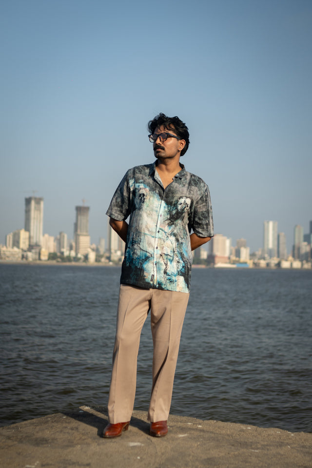 Faded Faces Pure Satin Linen Short Sleeve Shirt