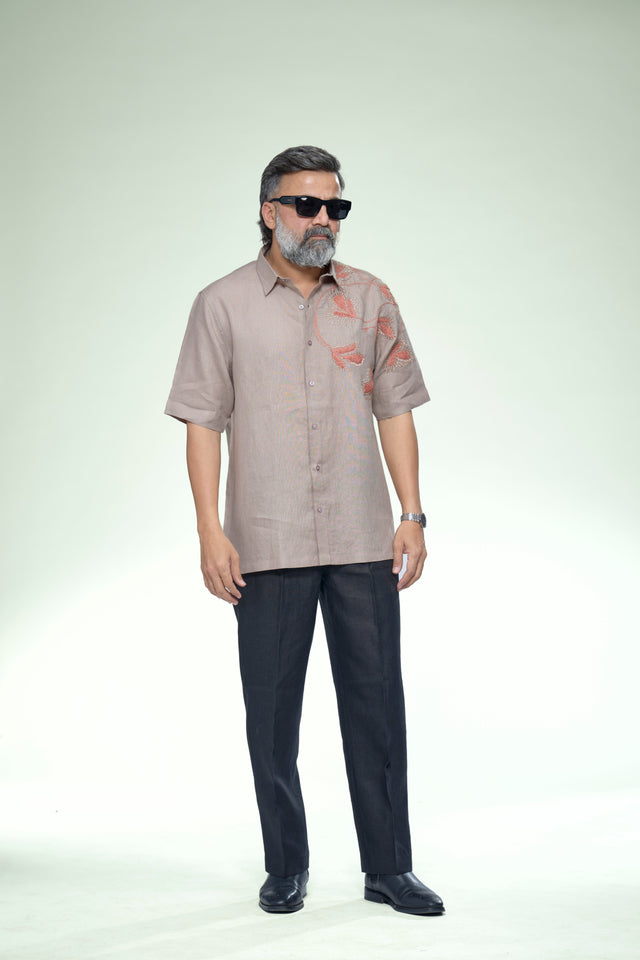 Coastal Artisan : 5-Hour Hand Embroidered Pure Linen Half Sleeve Shirt - AddysForMen®️