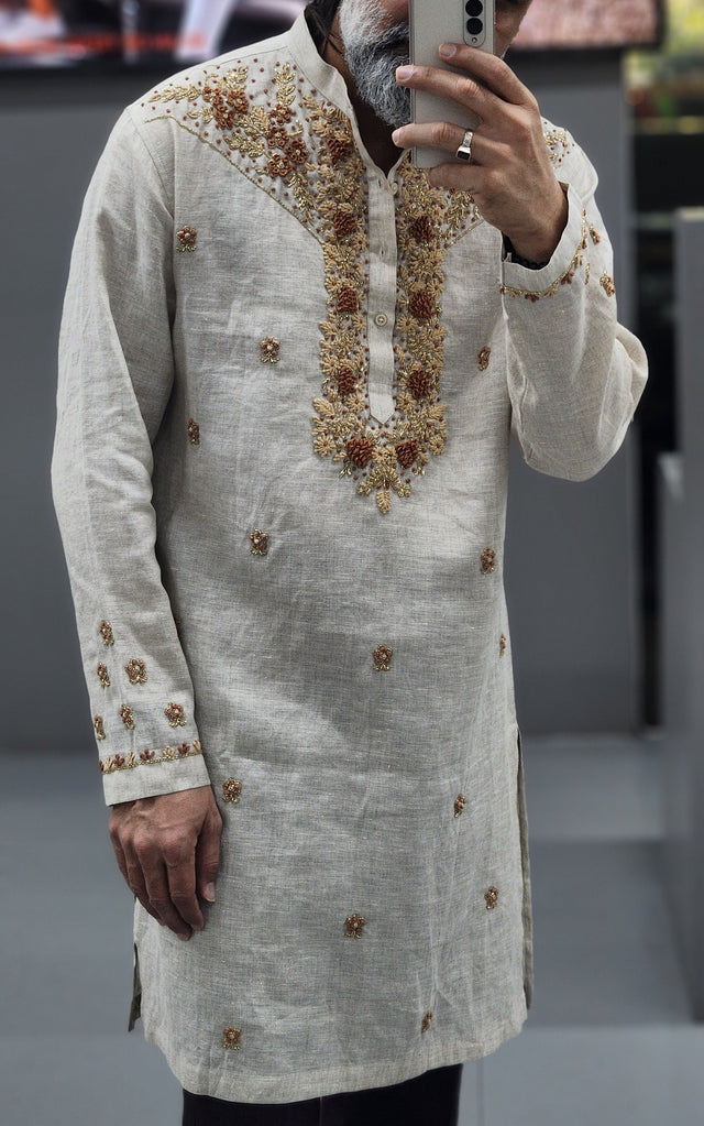 Natural Oatmeal Antique Gold & Bronze Floral Hand Khatli Pure Linen Kurta