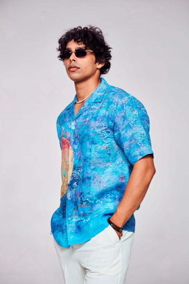 Golden Solace Printed Pure Linen Cuban Coller Shirt