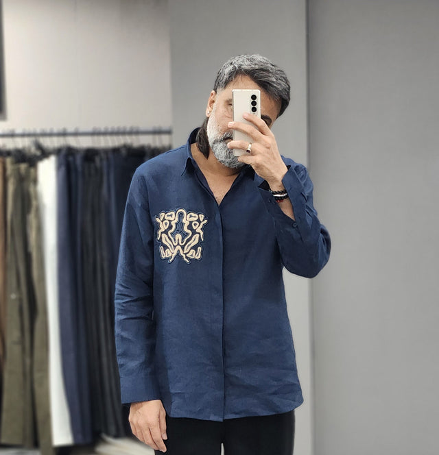 Navy Blue Pure Linen Long Sleeve Shirt with Gold-Toned Abstract Embroidered Crest