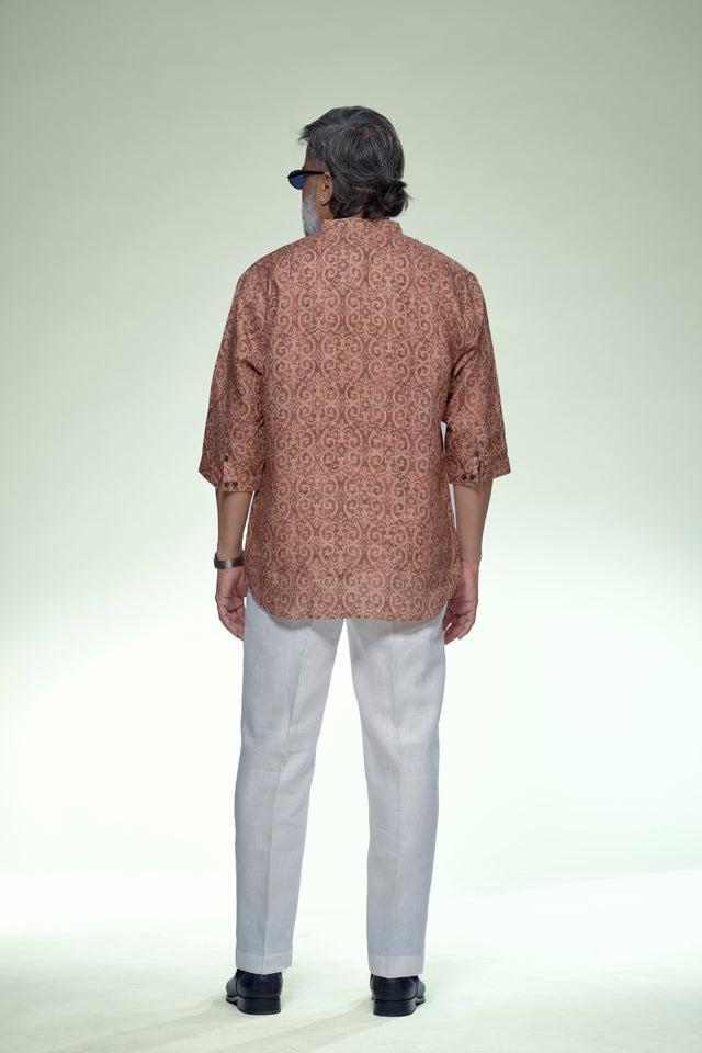 Indigo Geometry Pure Linen 3/4 Sleeve Kurta Style Shirt - AddysForMen®️