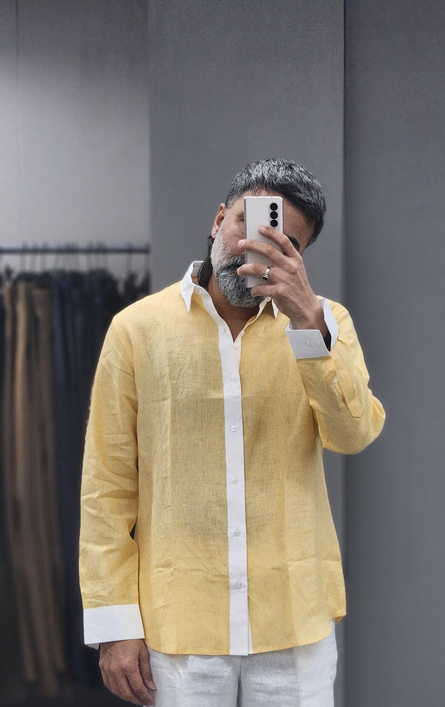Pastel Yellow & White Panel Pure Linen Shirt