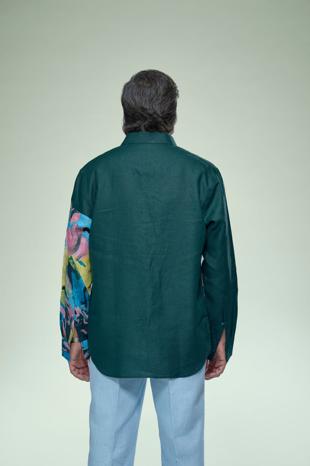 Verdant Muse Abstract Patch Pure Linen Designer Shirt - AddysForMen®