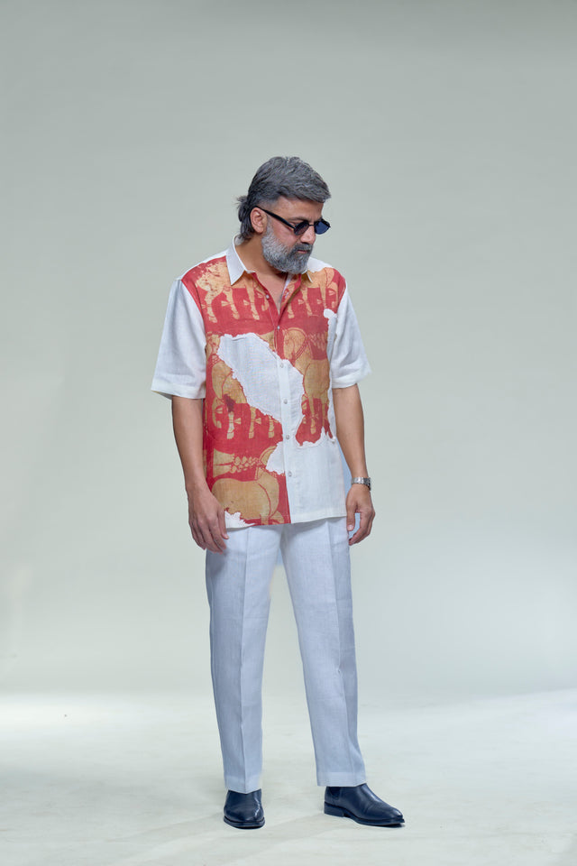 Metamorphosis: Digital Print Patchwork Pure Linen Designer Short Sleeve Shirt - AddysForMen®