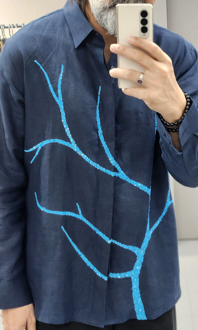 Midnight Navy Coral Branch Sequin Pure Linen Shirt
