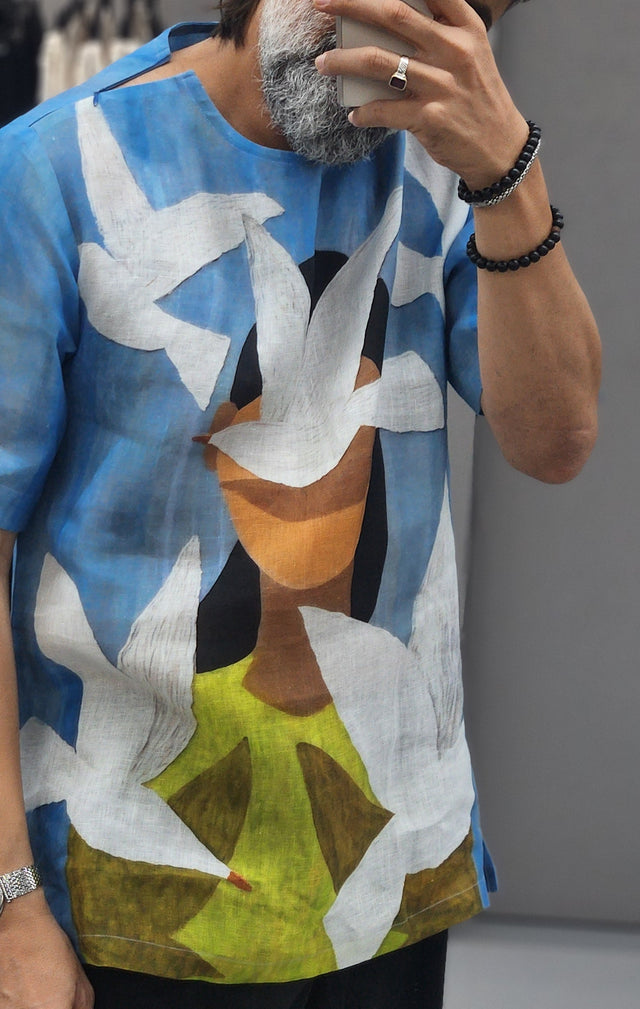 Celestial Birds & Portrait Pure Linen T-Shirt style Shirt