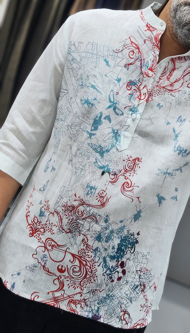 Crimson & Teal Filigree Digital Print Pure Linen 3/4 Sleeve Kurta Shirt