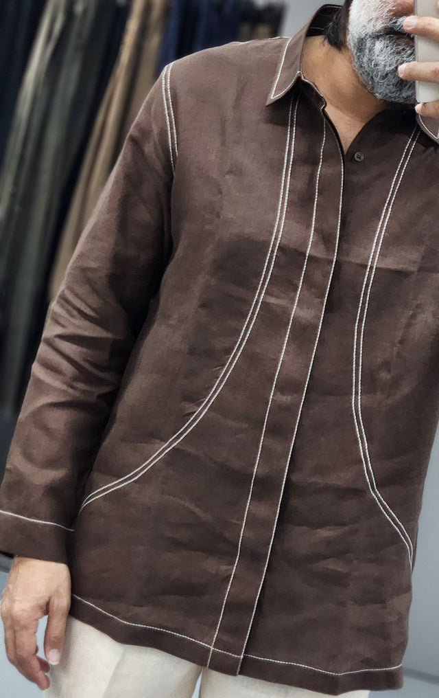 Dark Brown Contrast Topstitch Linen Long-Sleeve Shirt