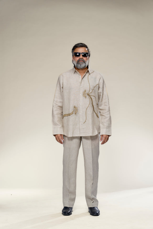 Hemisphere 7 - Hand-Embroidered Pure Linen Full Sleeve Shirt - AddysForMen®️