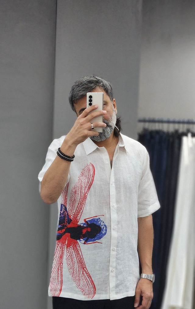 Crimson Dragonfly Digital Print Pure Linen Shirt
