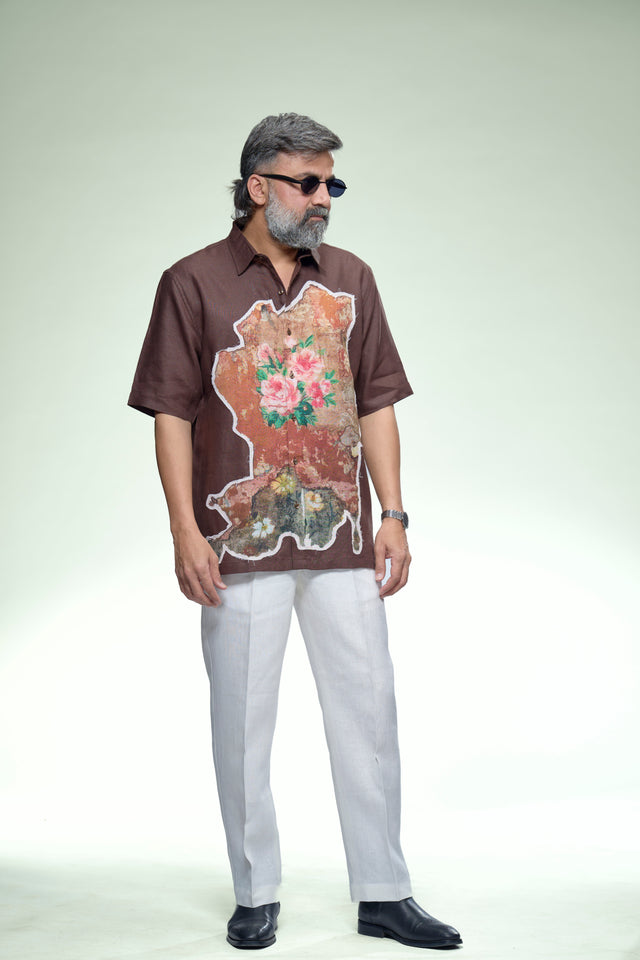 Artistic Floral Patch Pure Linen Designer Short Sleeve Shirt - AddysForMen®