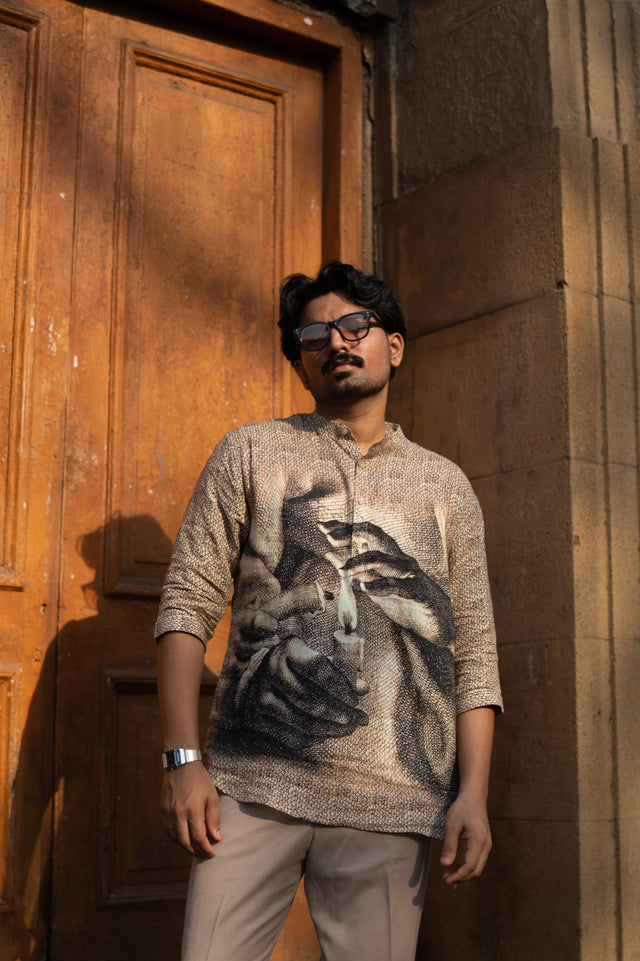 Eternal Flame Unisex Digital Print Pure Linen Kurta Style Shirt - AddysForMen®