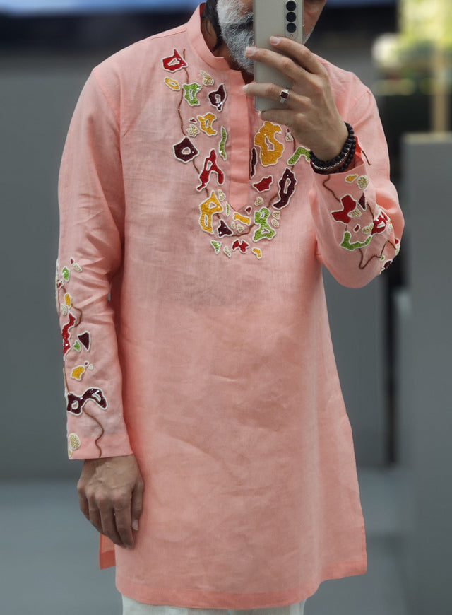 Peach Coral Pure Linen Long Kurta with Hand Embroidered Khatli Beadwork
