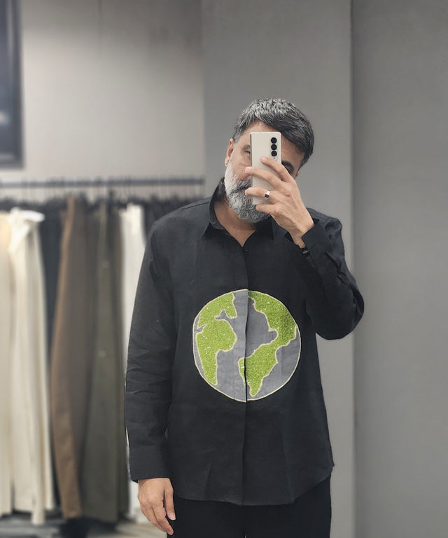 Black Pure Linen Long Sleeve Shirt with Hand-Embroidered Globe Motif