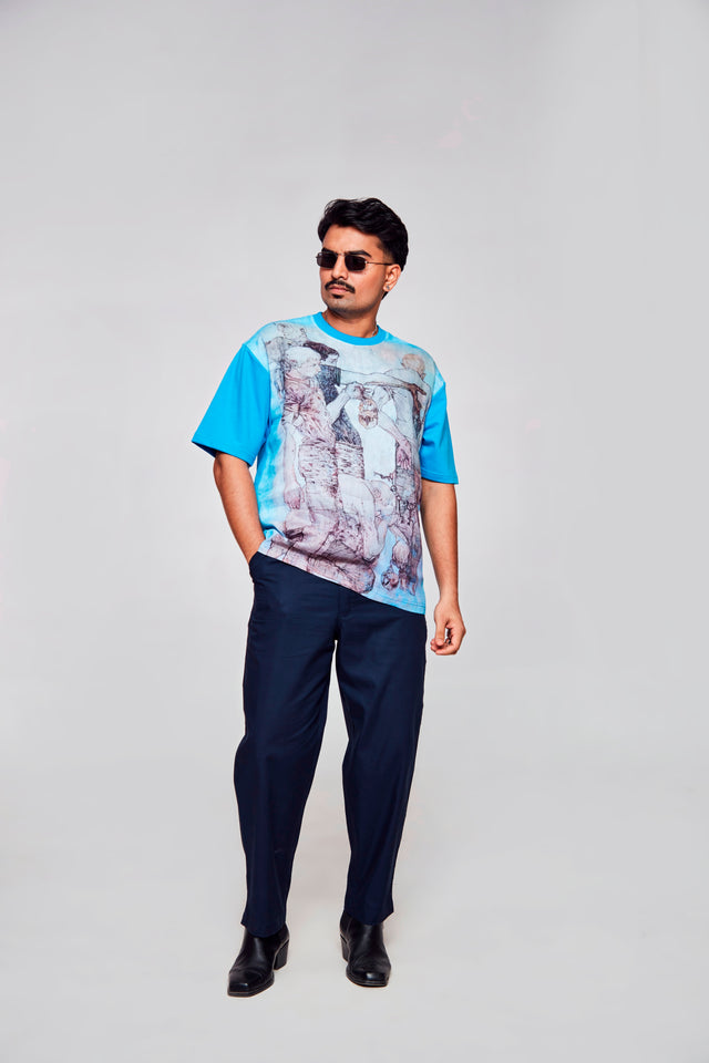 Azure Reflection : Effortless Elegance of Blue and White - Oversize Linen Tshirt