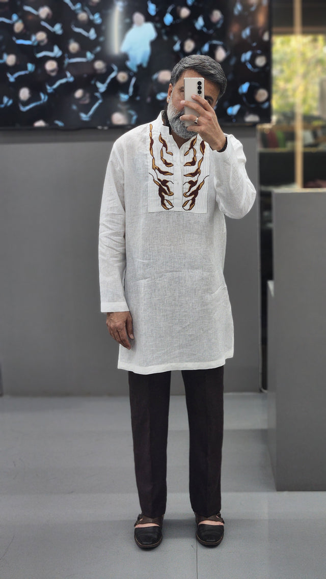 Pure White Pin-Tucked Yoke Hand Khatli Earth-Tone Linen Kurta