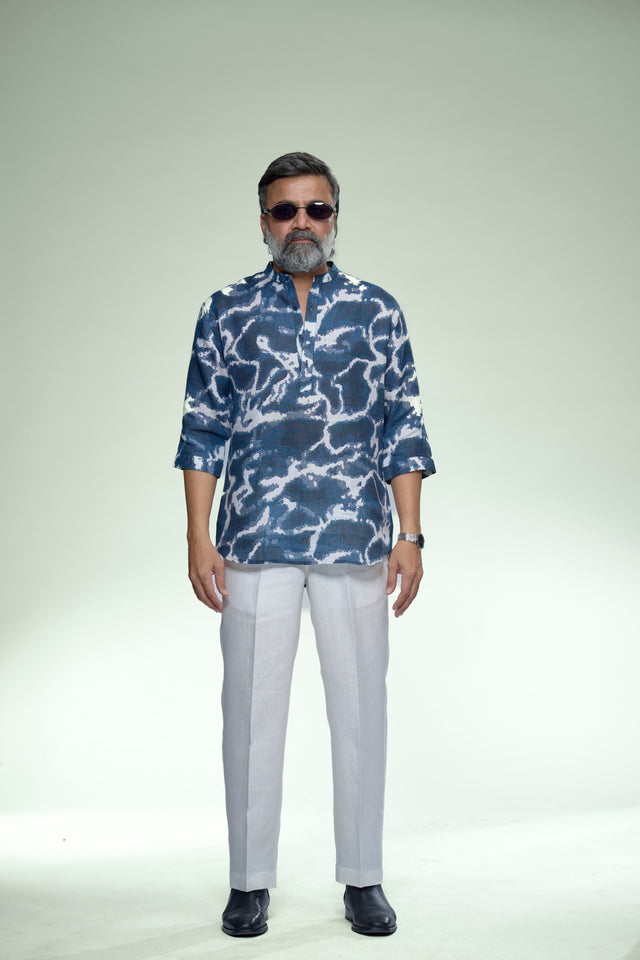 Contemporery Indigo Pure Linen 3/4 Sleeve Kurta Style Shirt - AddysForMen®️