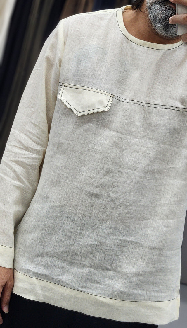 Off-White Round-Neck Contrast Topstitch Linen Shirt