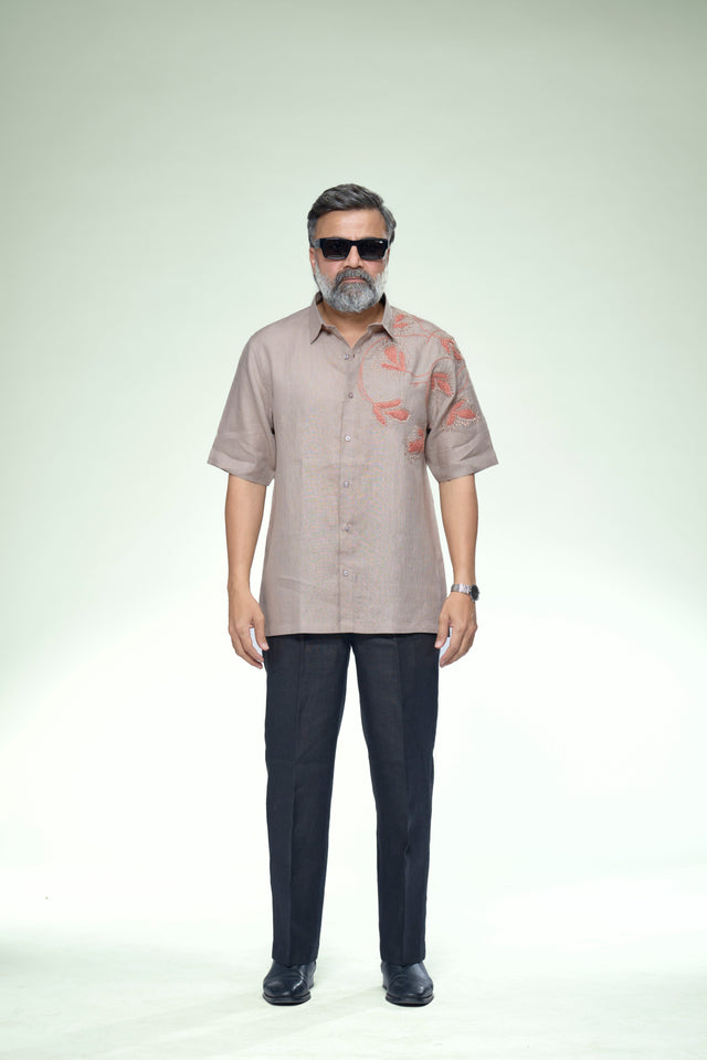 Coastal Artisan : 5-Hour Hand Embroidered Pure Linen Half Sleeve Shirt - AddysForMen®️