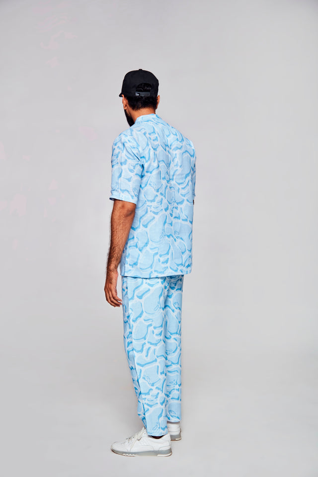 Serene Elegance : Fusion of Blue and White - Pure Linen Short Sleeve Kurta