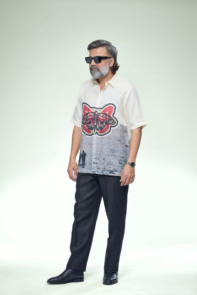 Artisan Monarch Digital Print Patchwork Pure Linen Designer Short Sleeve Shirt - AddysForMen®