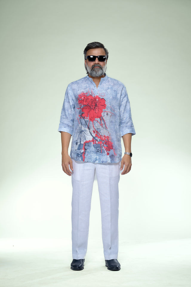 Scarlet Bloom Abstract Floral Pure Linen 3/4 Sleeve Kurta Style Shirt - AddysForMen®️