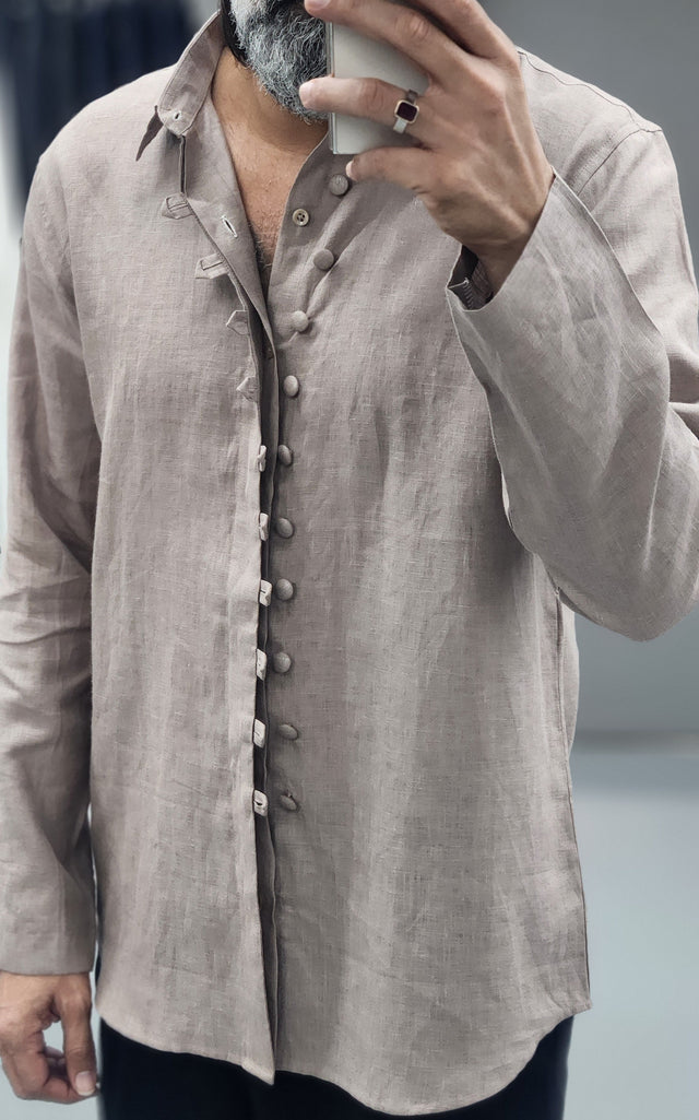 Sandstone Loop-Button Pure Linen Shirt