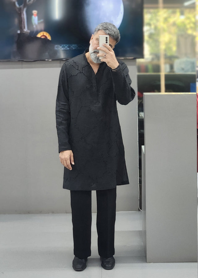 Jet Black Midnight Mosaic Hand Khatli Pure Linen Kurta