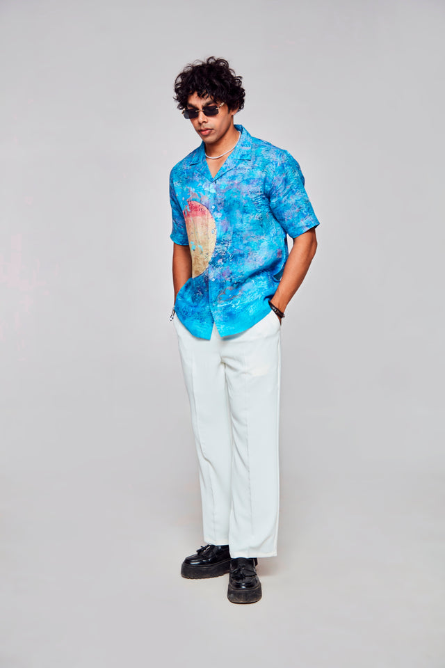 Golden Solace Printed Pure Linen Cuban Coller Shirt