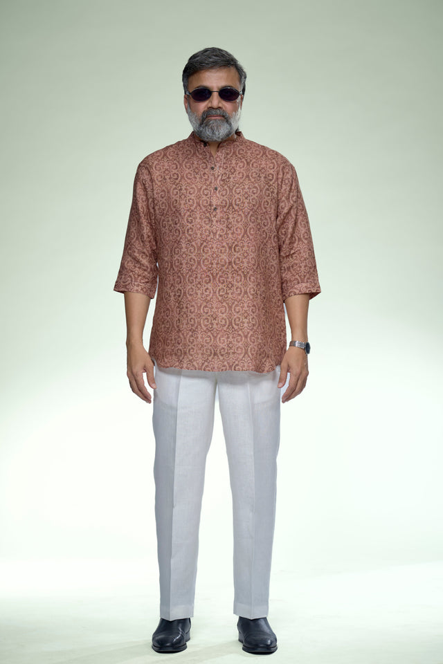 Indigo Geometry Pure Linen 3/4 Sleeve Kurta Style Shirt - AddysForMen®️