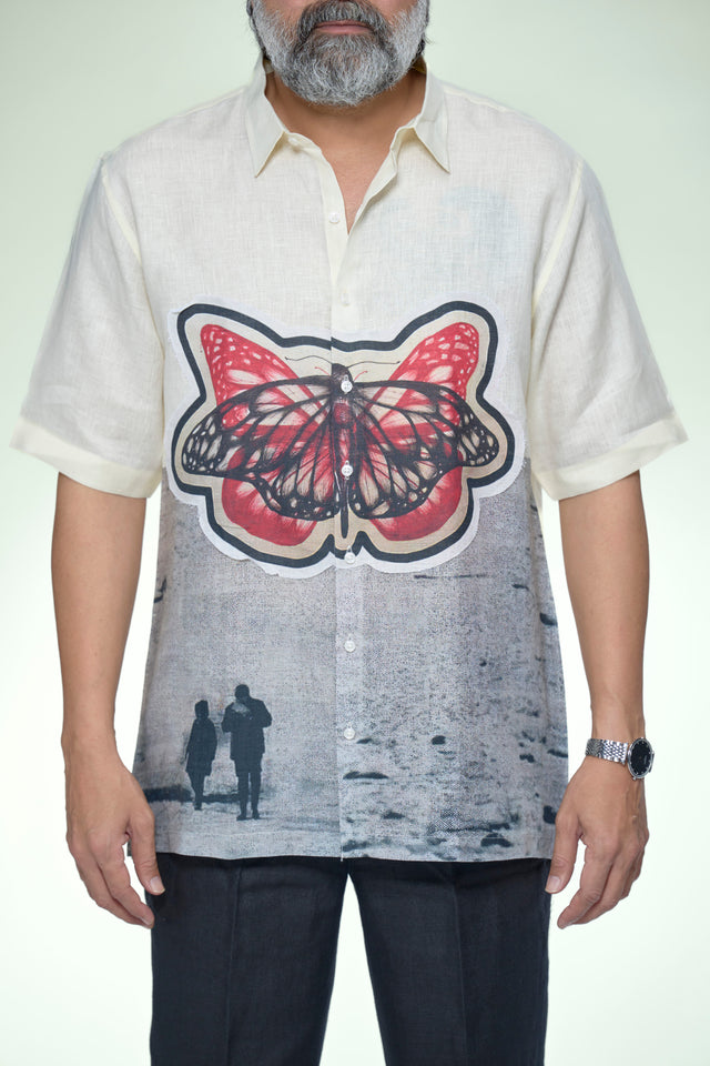 Artisan Monarch Digital Print Patchwork Pure Linen Designer Short Sleeve Shirt - AddysForMen®