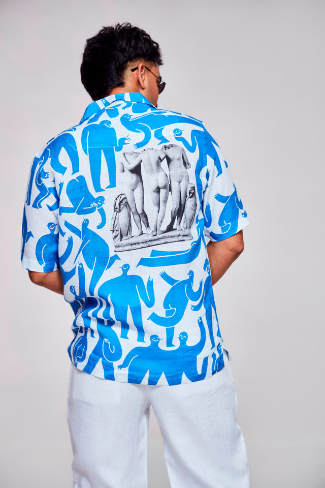 Symbolic Depths Printed Shirt- Featuring an Enigmatic Figure - Pure Linen Cuban Coller Shirt