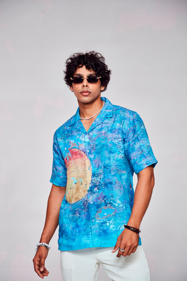 Golden Solace Printed Pure Linen Cuban Coller Shirt