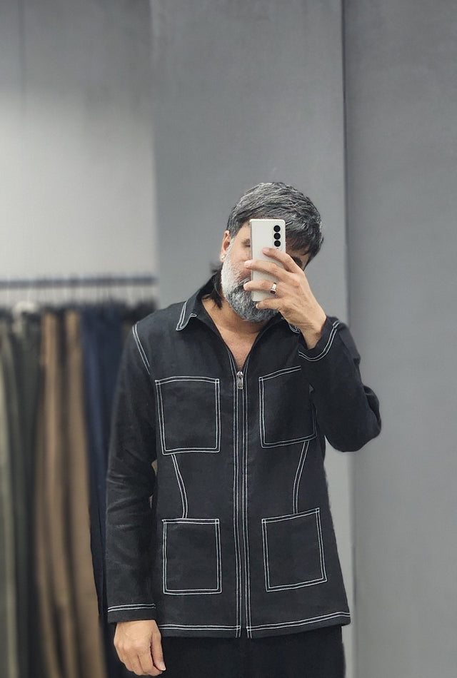 Onyx Black Four-Pocket Zippered Linen Shacket Shirt
