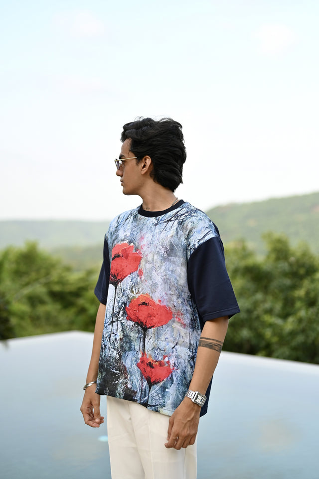 "Vibrant Symphony : A harmonious blend of blue and red Oversize Linen Tshirt"