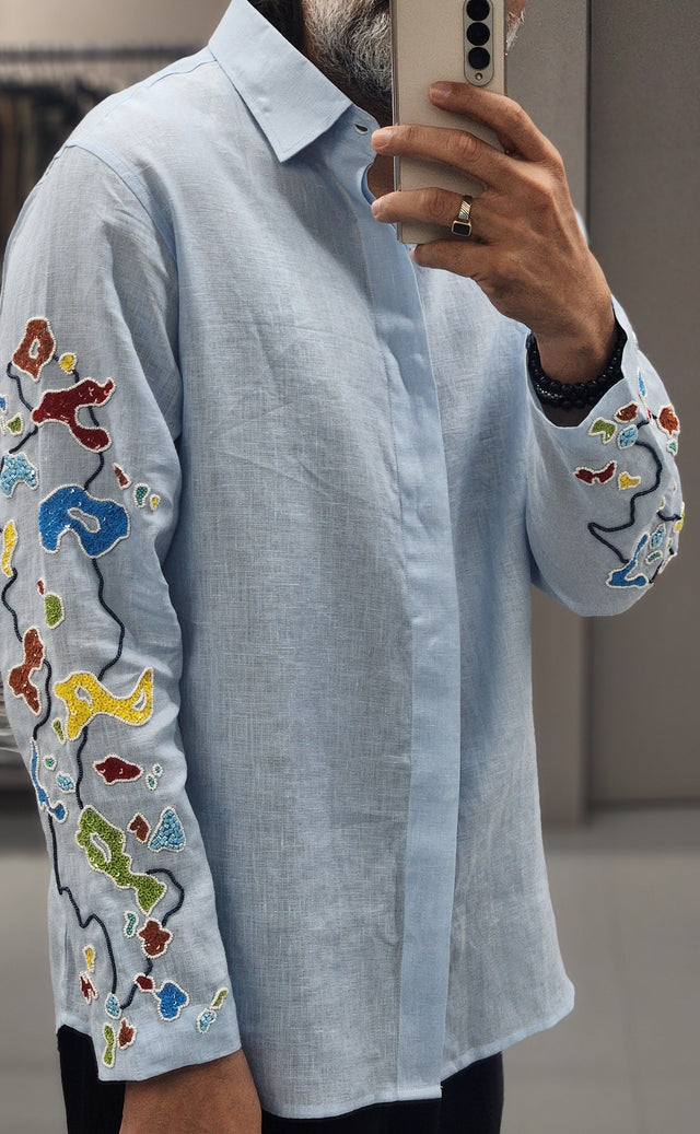 Light Sky Blue Pure Linen Long Sleeve Shirt with Hand-Embroidered Sleeve Motifs