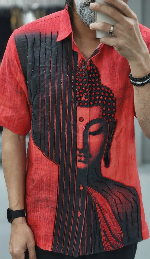 Coral Red Linen Shirt with Black Buddha Graphic & Khatli Work