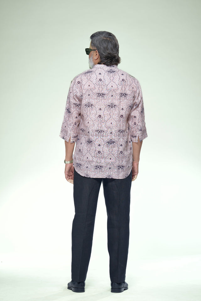 Artisan Geometric Pure Linen 3/4 Sleeve Kurta Style Shirt - AddysForMen®️