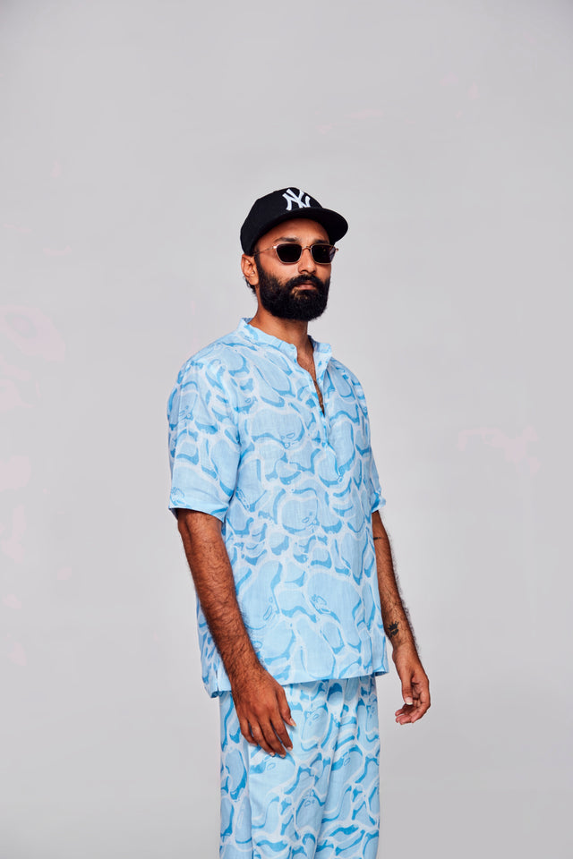 Serene Elegance : Fusion of Blue and White - Pure Linen Short Sleeve Kurta